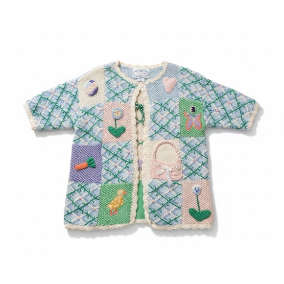 Vintage Crochet Storytelling Spring Bunny Chicks Cardigan Size L Eagle Eye 1995 - Picture 2 of 16